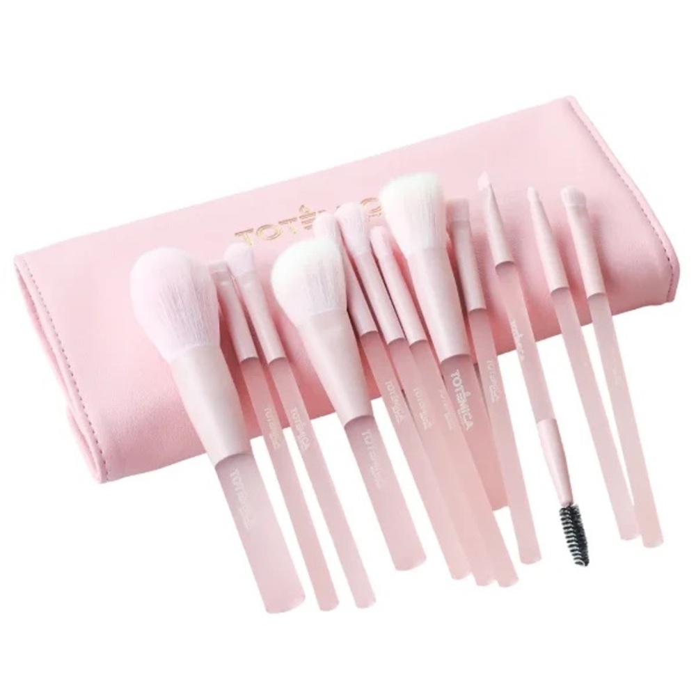 Pink Makeup Brush Set with Matching Roll Case